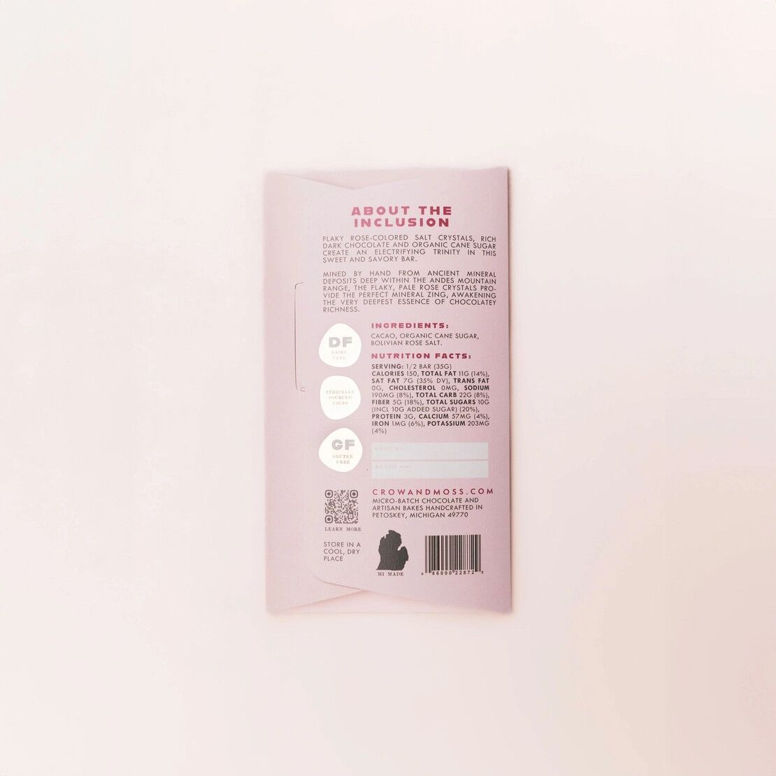 Crow & Moss 69% Dark Chocolate with Bolivian Pink Salt Back