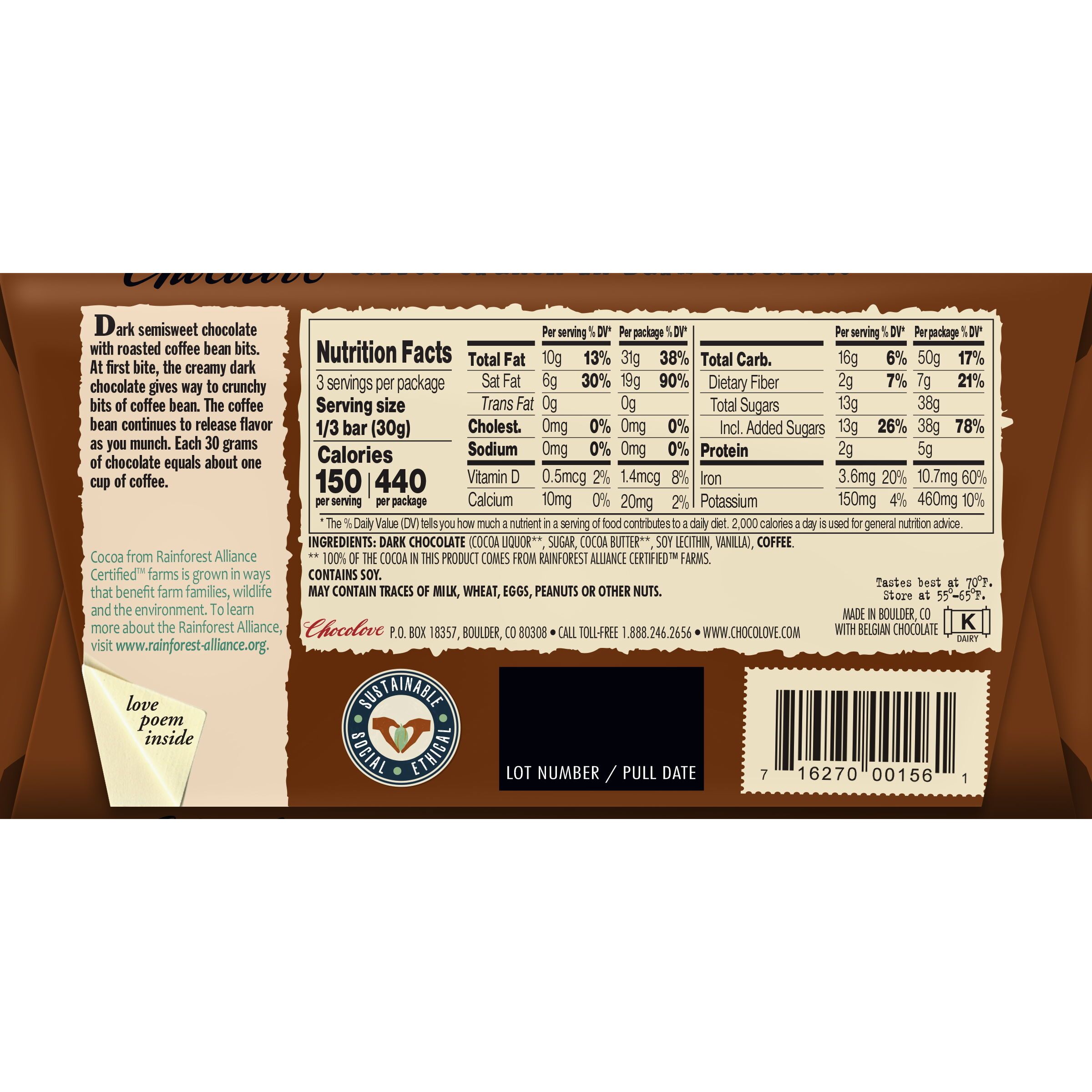 Chocolove 55% Coffee Crunch Dark Chocolate Bar Back