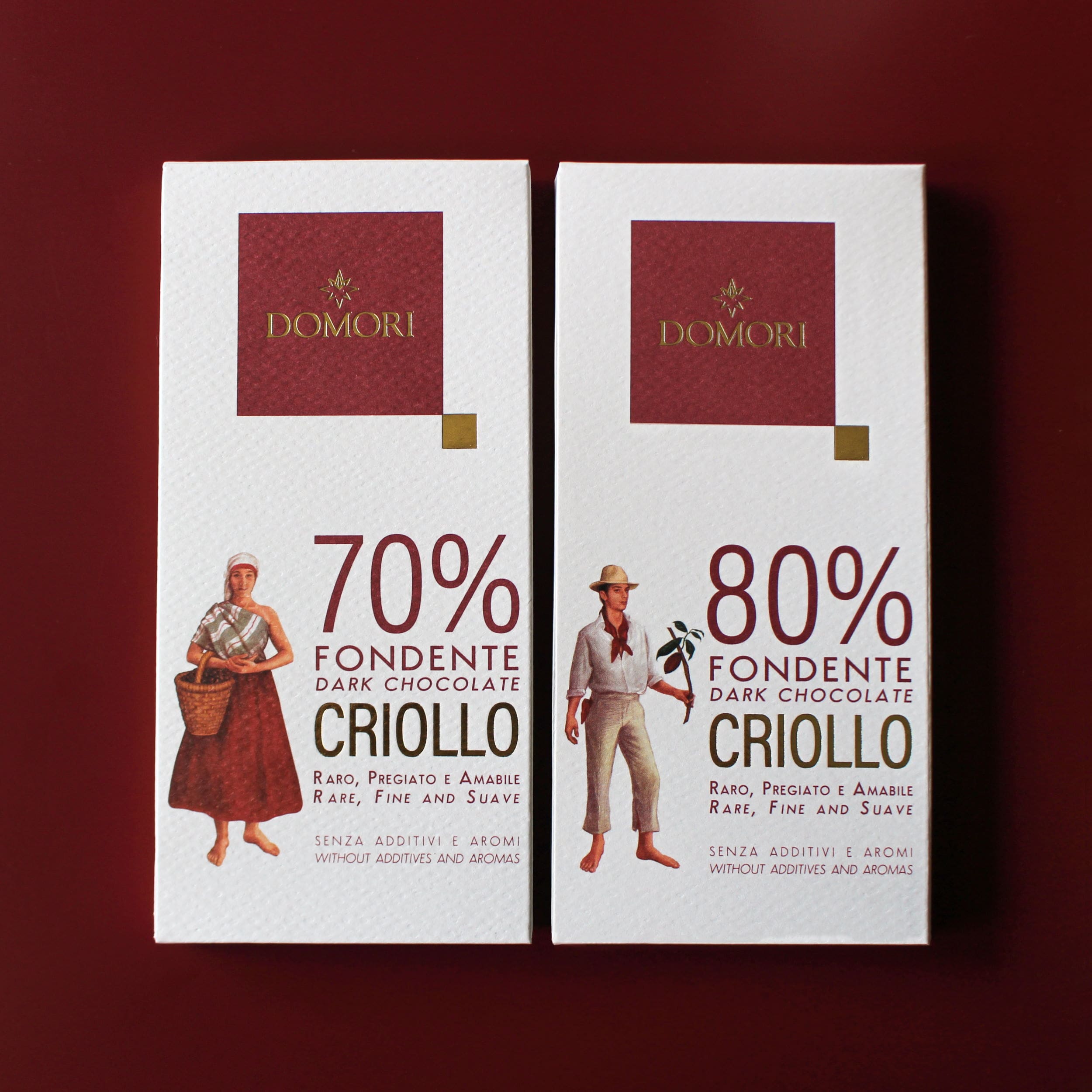 Domori Criollo Blend 70% 80% Dark Chocolate Bar Display 1