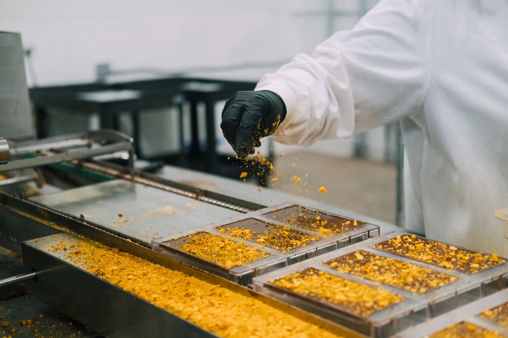 Ritual Chocolate Honeycomb Toffee 75% Dark Chocolate Bar with Honeycomb Toffee Production Lifestyle