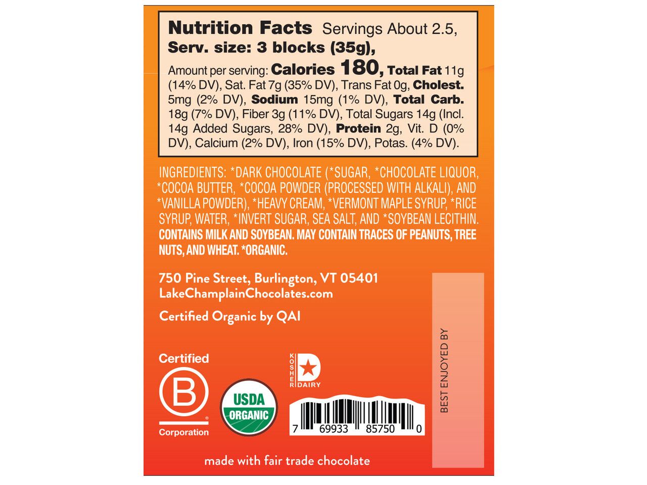 Lake Champlain Chocolates Organic 57% Dark Chocolate Bar with Maple Caramel Filling Label