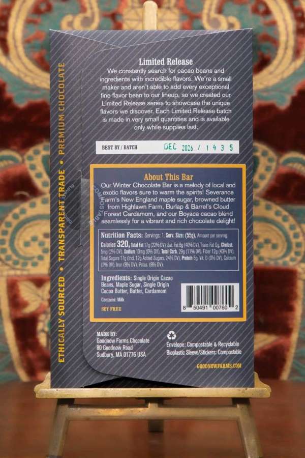 Goodnow Farms Winter Maple Colombia 65% Dark Chocolate Bar with Spiced Brown Butter Back