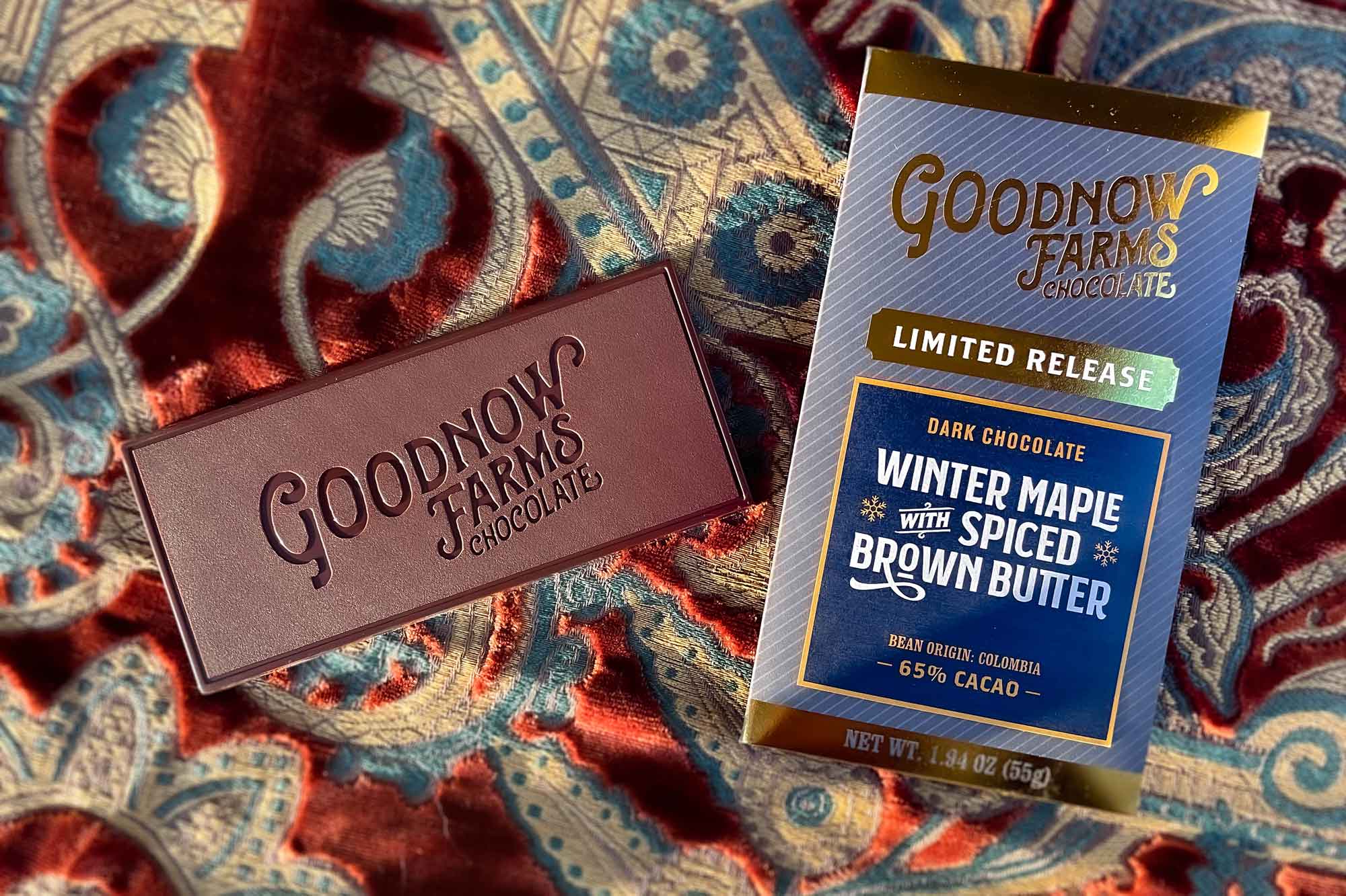 Goodnow Farms Winter Maple Colombia 65% Dark Chocolate Bar with Spiced Brown Butter Open Lifestyle
