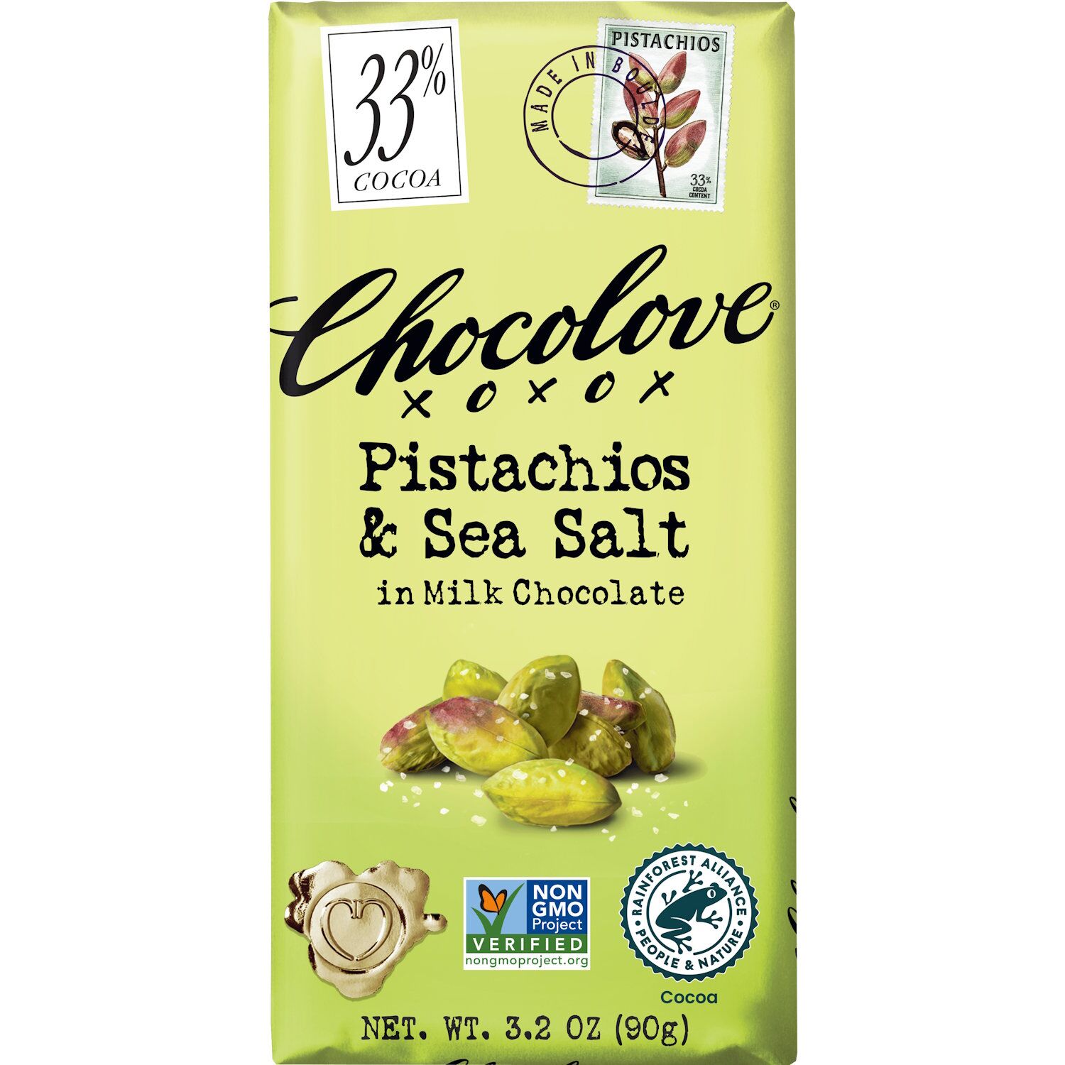 Chocolove 33% Milk Chocolate Bar with Pistachios & Sea Salt