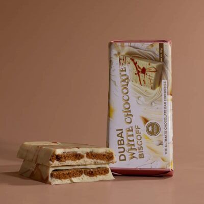 Omniya Delicacy Dubai Biscoff White Chocolate Bar Open Lifestyle