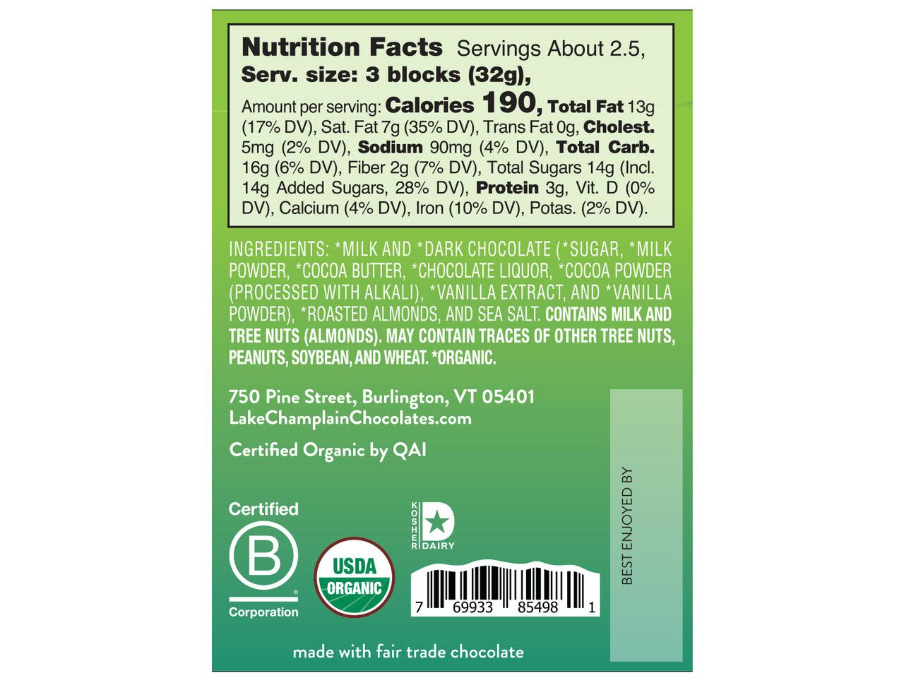 Lake Champlain Chocolates Organic 43% Milk Chocolate Bar with Almonds & Sea Salt Label