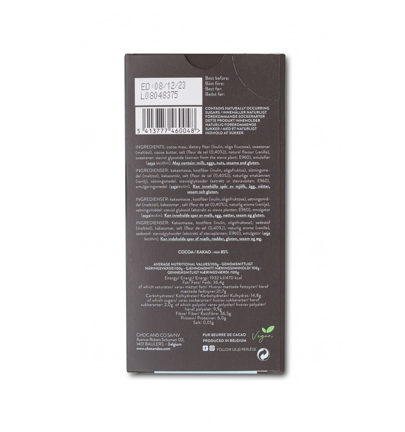 Perlège No-Sugar-Added 85% Dark Chocolate Bar with Fleur de Sel Back