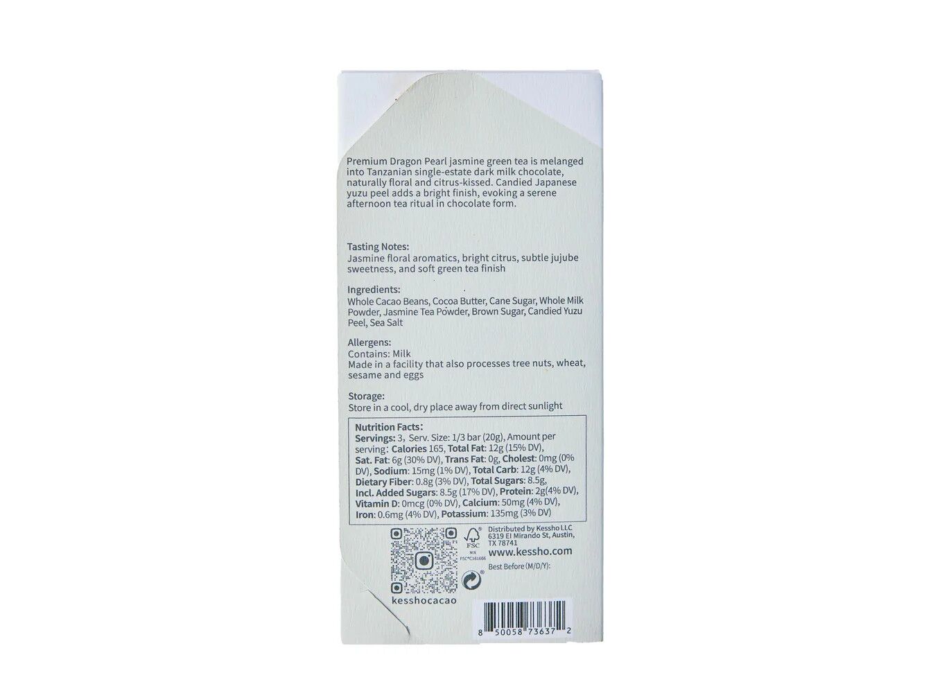 KESSHO Jasmine Yuzu 56% Dark Milk Chocolate Bar Back