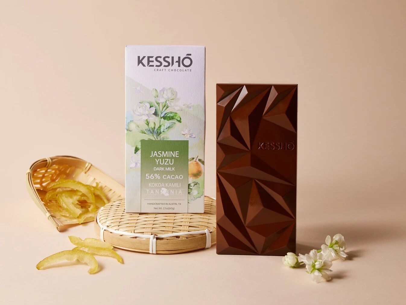 KESSHO Jasmine Yuzu 56% Dark Milk Chocolate Bar Lifestyle