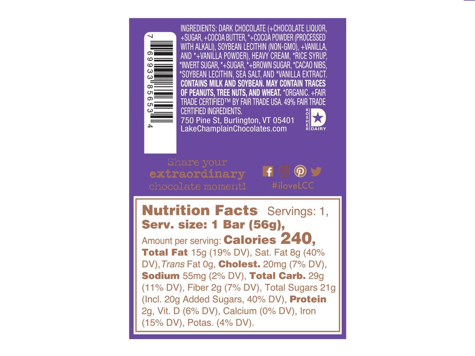 Lake Champlain Chocolates® Chocolate Caramel Five Star Bar - Nutritional Info