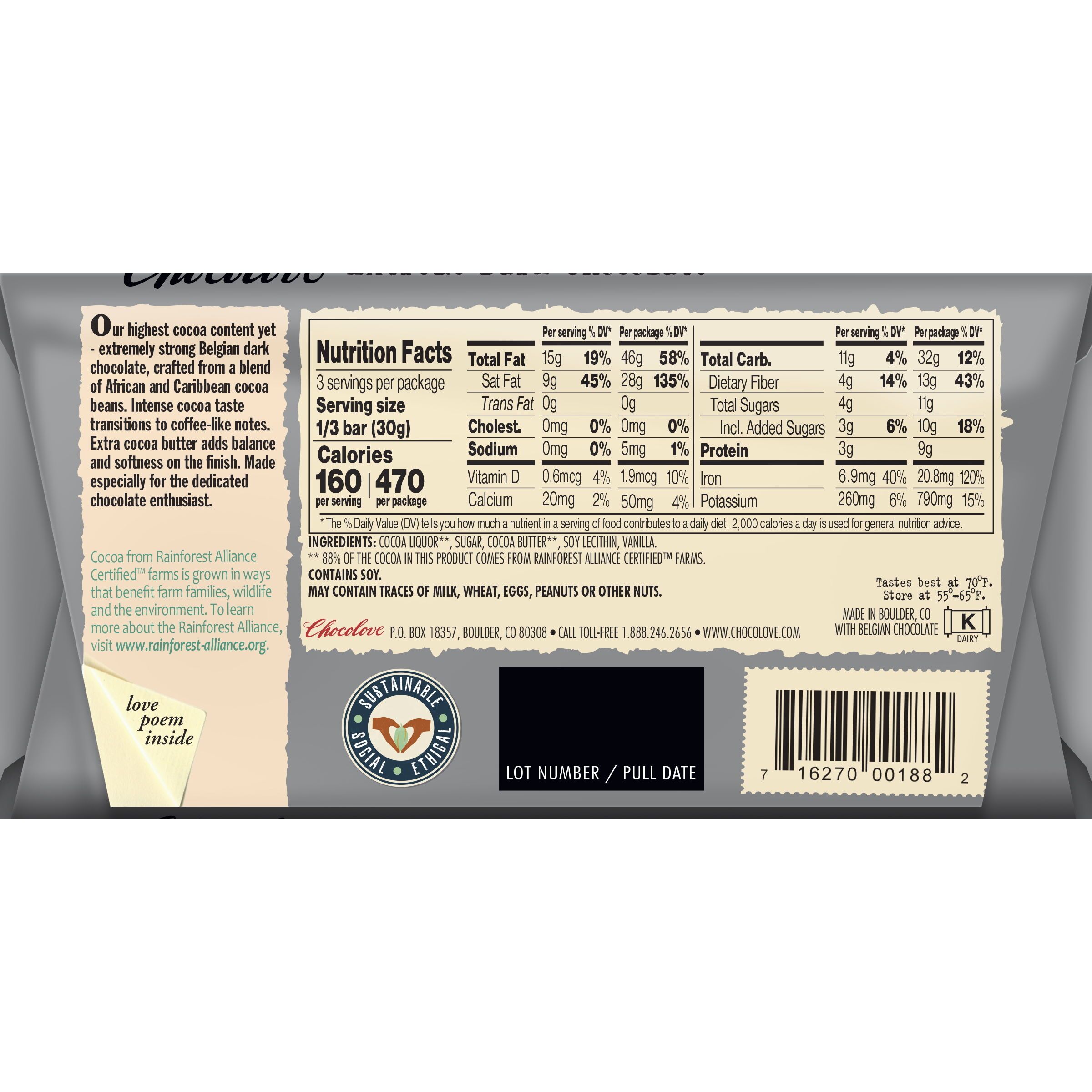 Chocolove 88% Extreme Dark Chocolate Bar Back