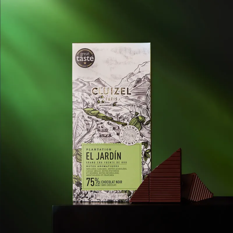 Cluizel El Jardín Colombia 75% Dark Chocolate Bar Lifestyle