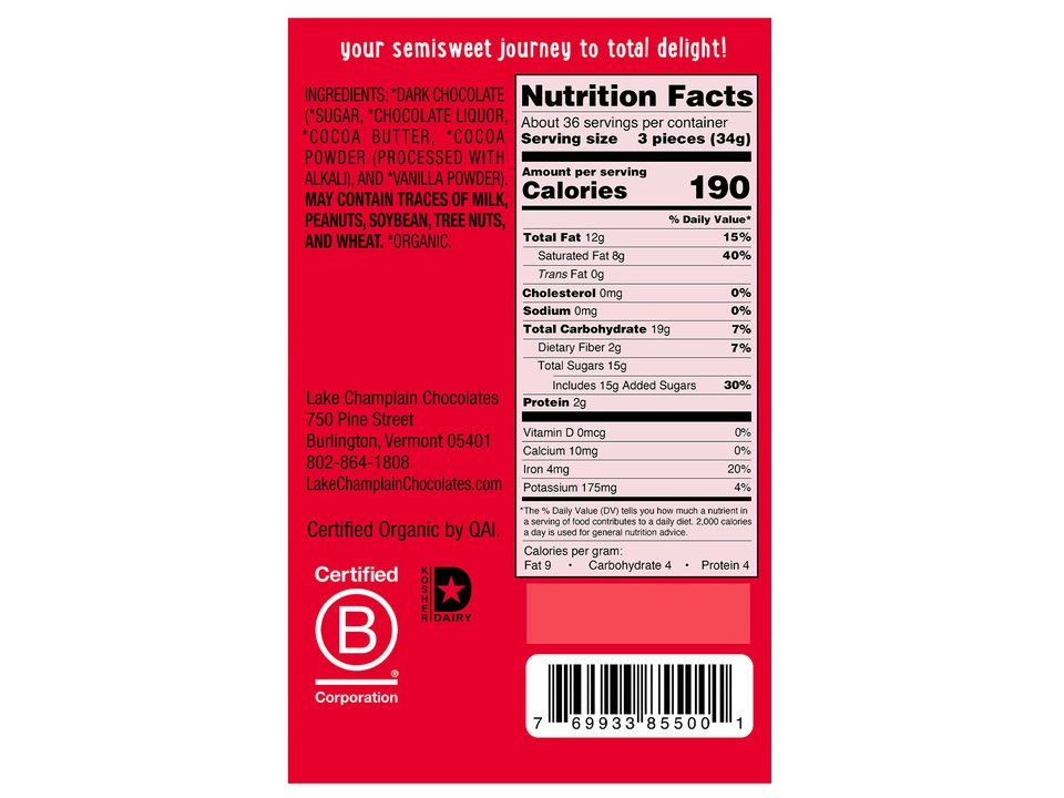 Lake Champlain Chocolates® 57% Dark Chocolate Squares - Nutritional Info