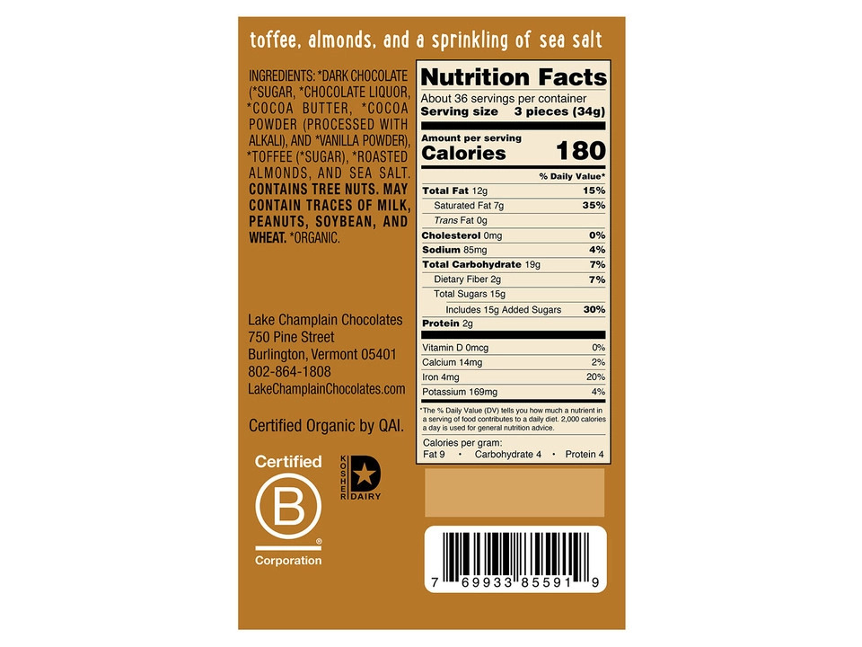 Lake Champlain Chocolates® 57% Dark Chocolate Squares with Toffee & Almond Crunch - Nutritional Info