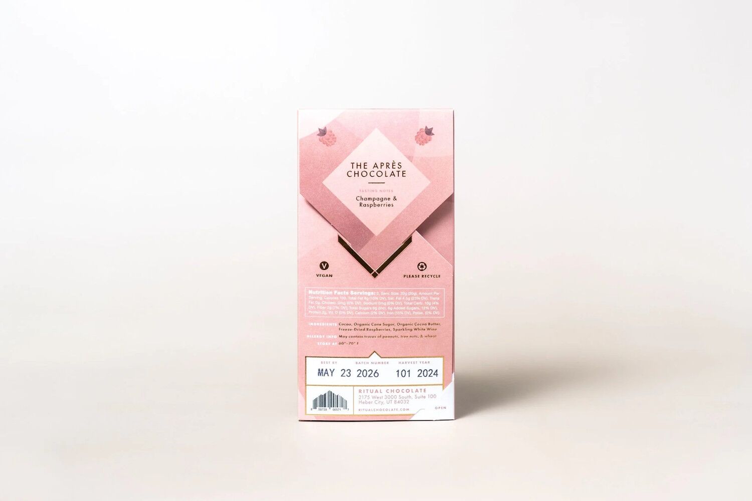 Ritual Chocolate The Après Chocolate 70% Dark Chocolate Bar with Sparkling White Wine & Dried Raspberries Back