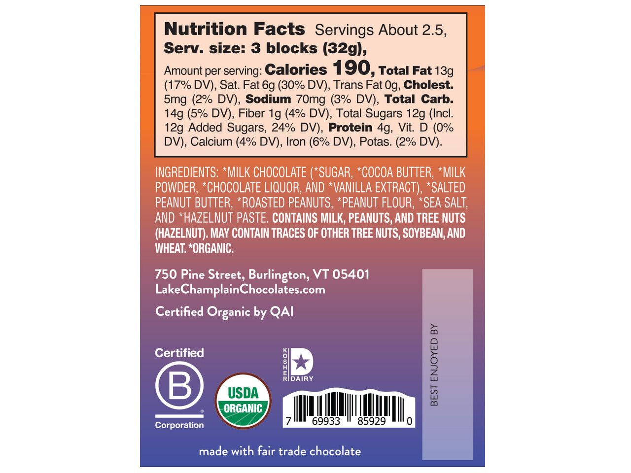 Lake Champlain Chocolates Organic 38% Milk Chocolate Bar with Crunchy Peanut Label