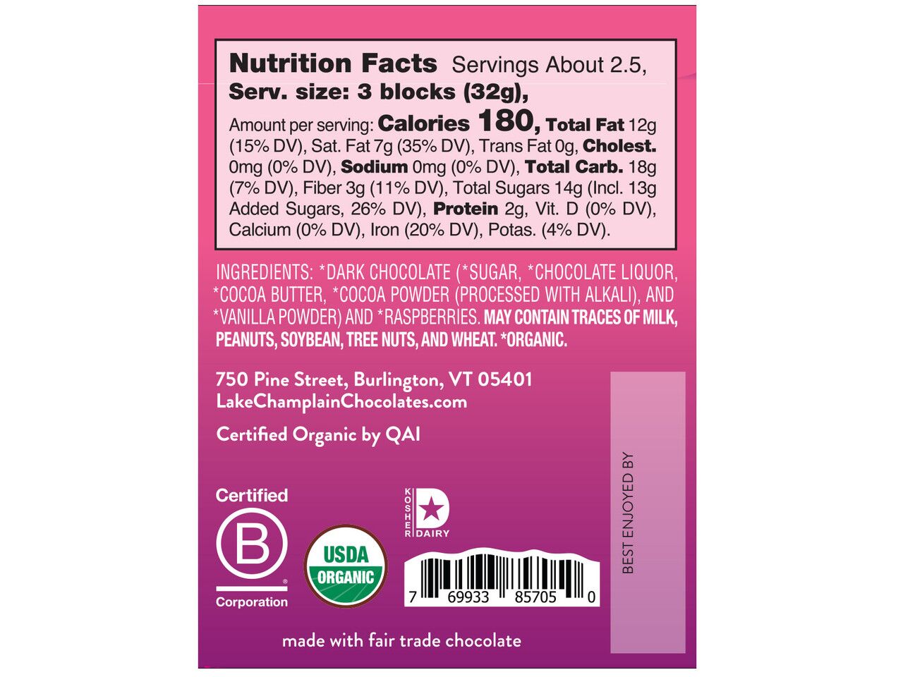 Lake Champlain Chocolates Organic 57% Dark Chocolate Bar with Tart Raspberry Label