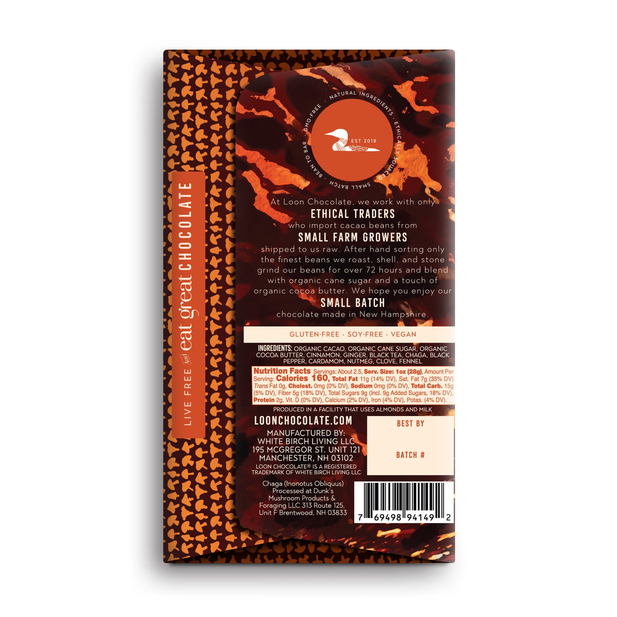 Loon Chocolate 70% Dark Chocolate Bar with Dunk's Mushrooms Chaga & Chai Back