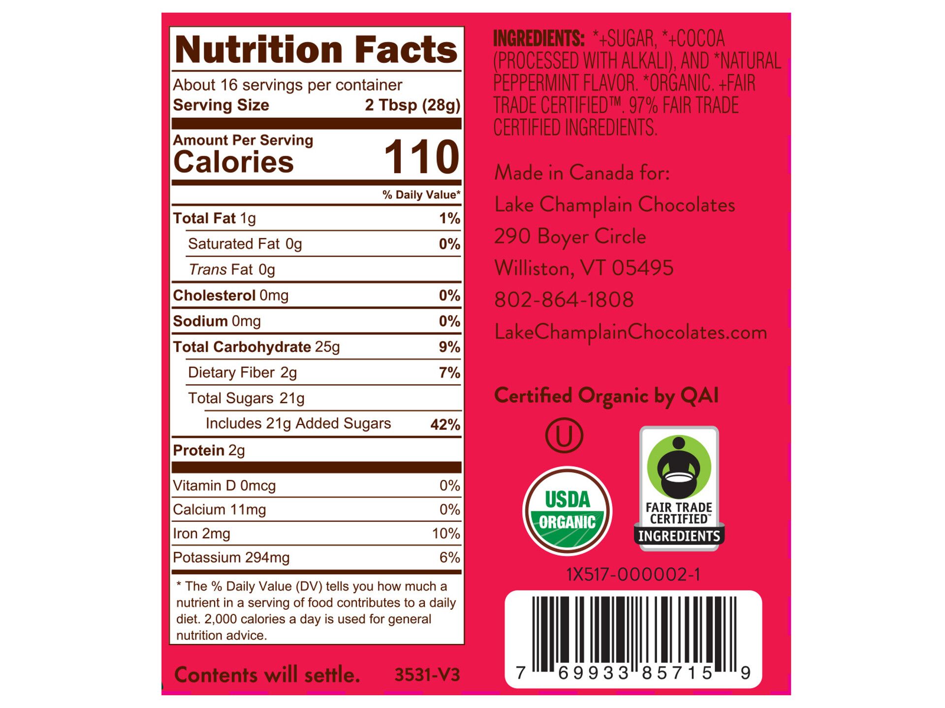 Lake Champlain Chocolates Peppermint Hot Chocolate Mix Nutritional