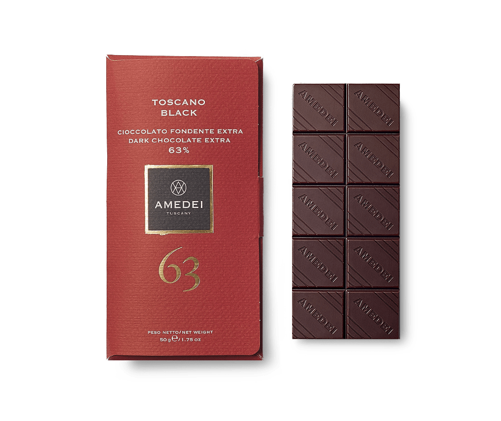 Amedei Toscano Black 63% Dark Chocolate Bar Open