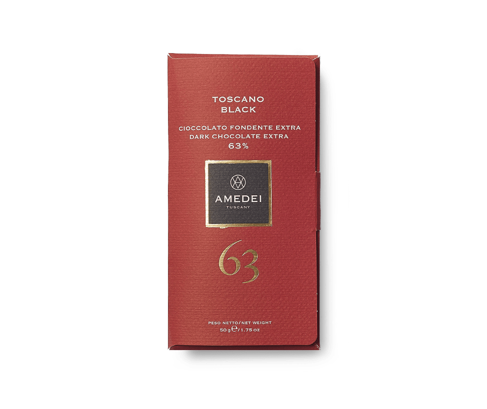 Amedei Toscano Black 63% Dark Chocolate Bar Open