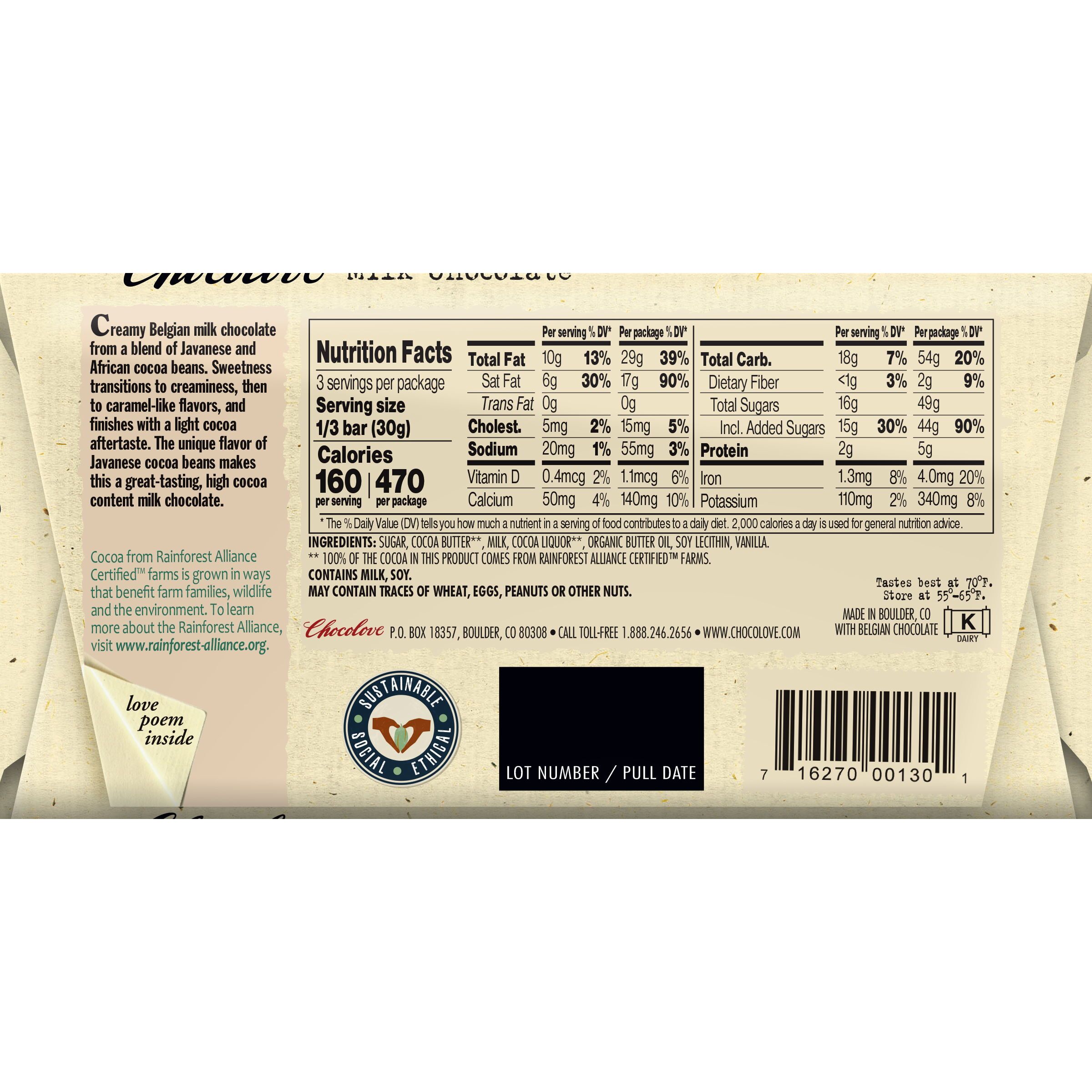 Chocolove 33% Milk Chocolate Bar Back