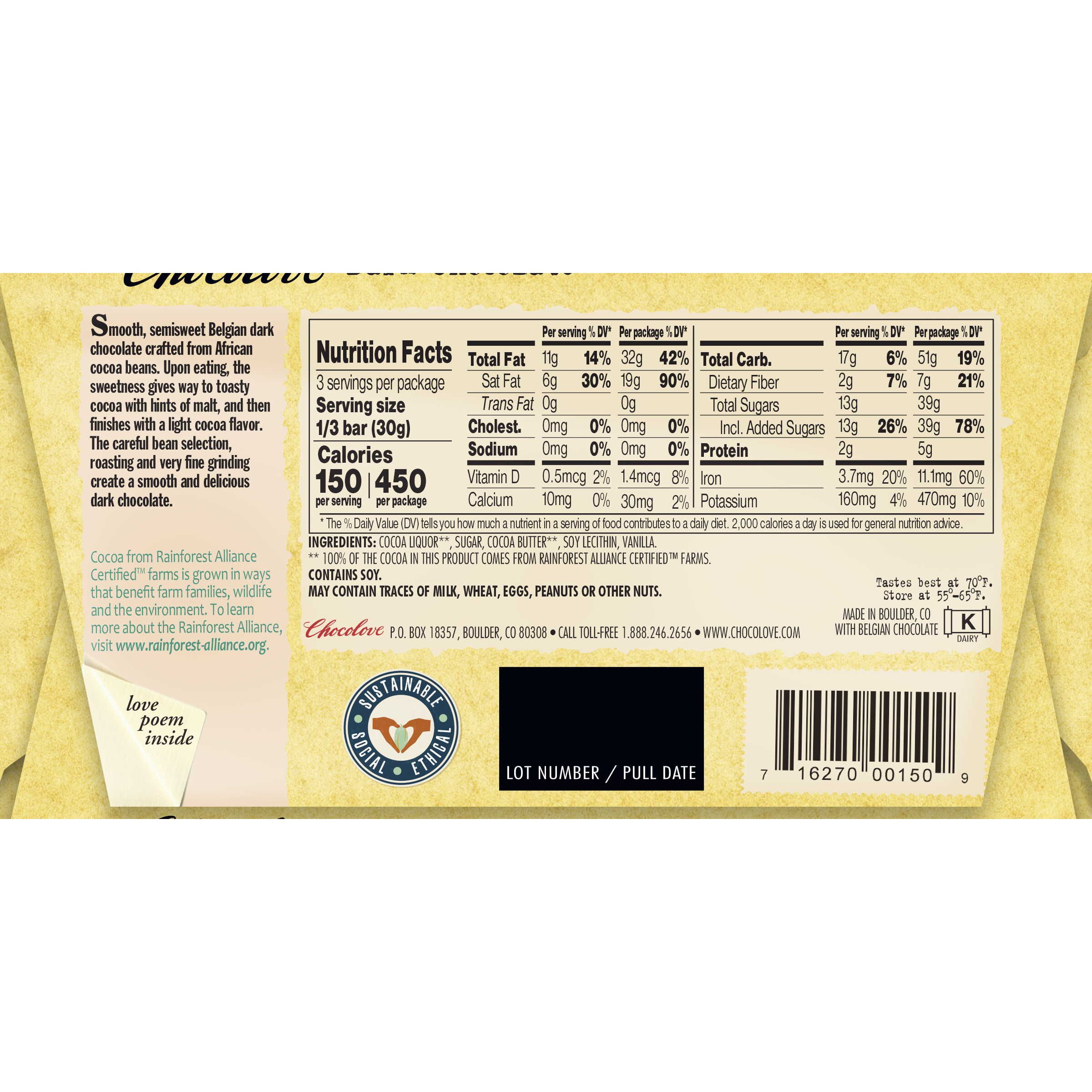 Chocolove 55% Pure Dark Chocolate Bar Back