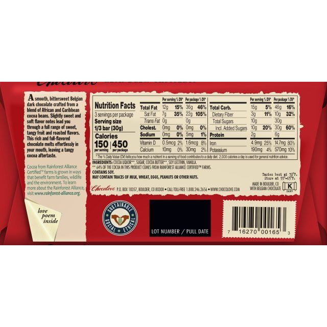Chocolove 65% Rich Dark Chocolate Bar Back