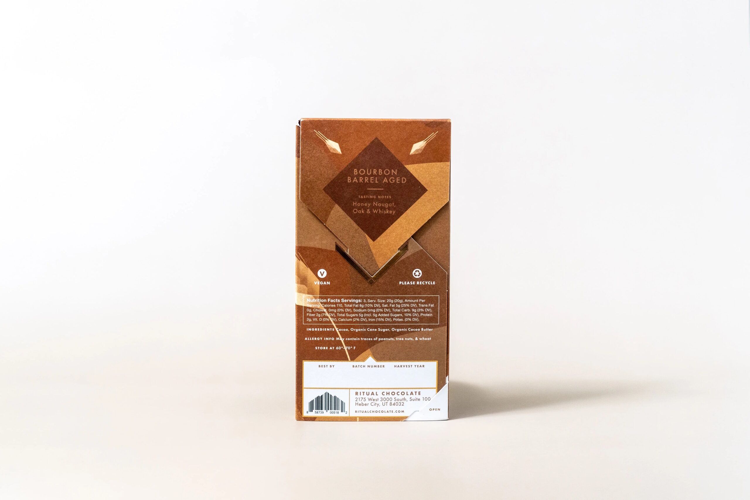 Ritual Chocolate Bourbon Barrel Aged 75% Dark Chocolate Bar Back