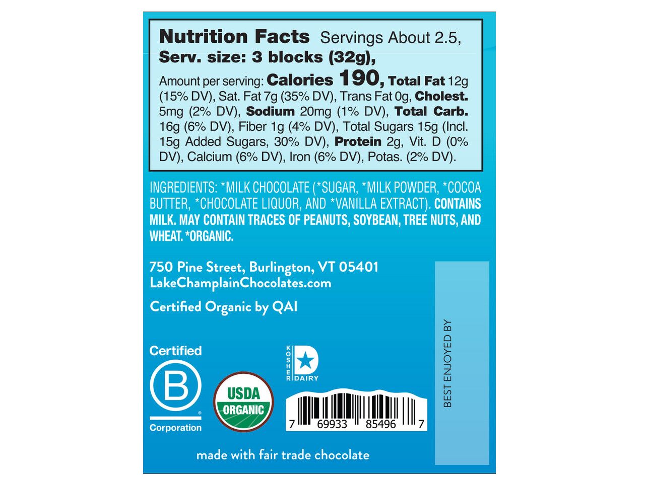 Lake Champlain Chocolates Organic 38% Milk Chocolate Bar Label