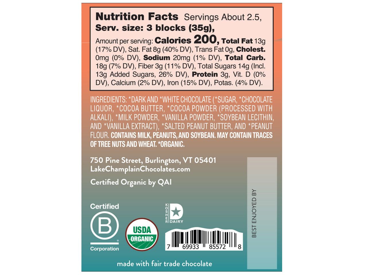 Lake Champlain Chocolates Organic 57% Dark Chocolate Bar with Peanut Butter Filling Label