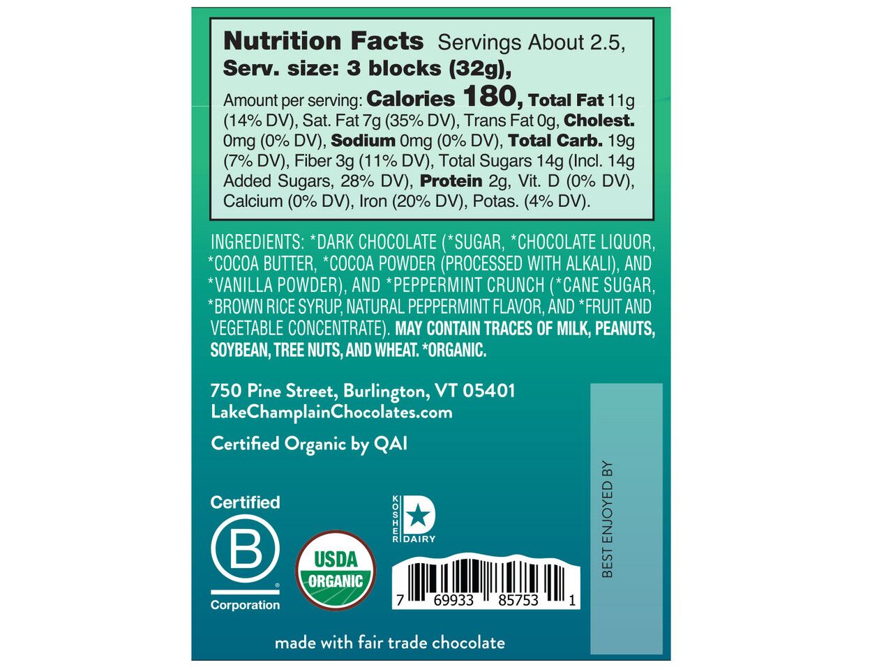 Lake Champlain Chocolates Organic 57% Dark Chocolate Bar with Peppermint Crunch Label