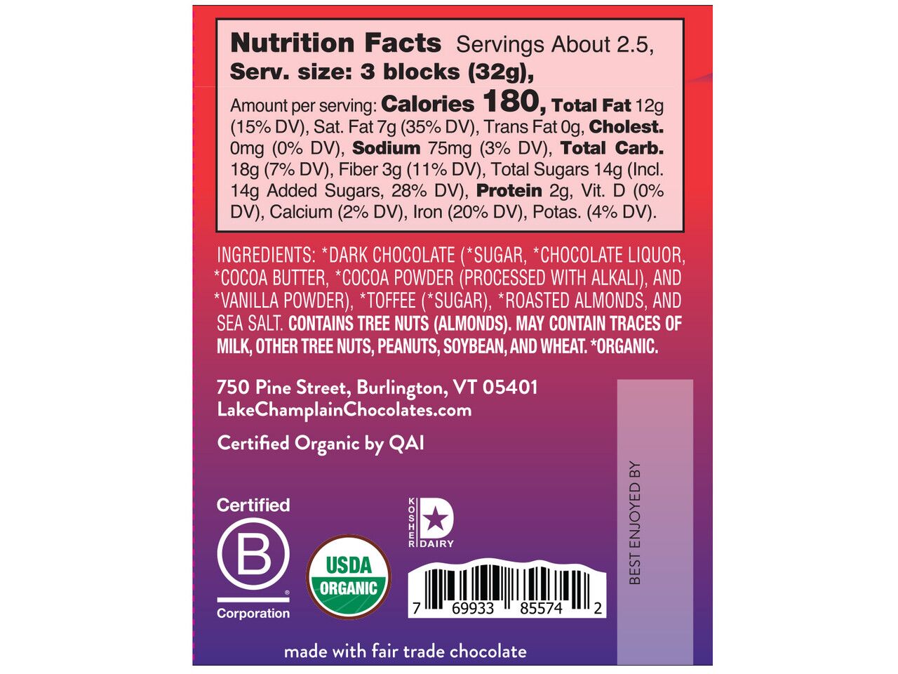 Lake Champlain Chocolates Organic 57% Dark Chocolate Bar with Toffee & Almonds Label