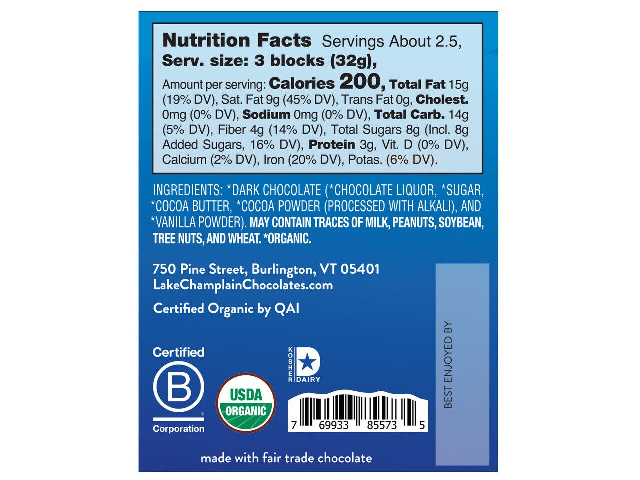 Lake Champlain Chocolates Organic 72% Extra Dark Chocolate Bar Label