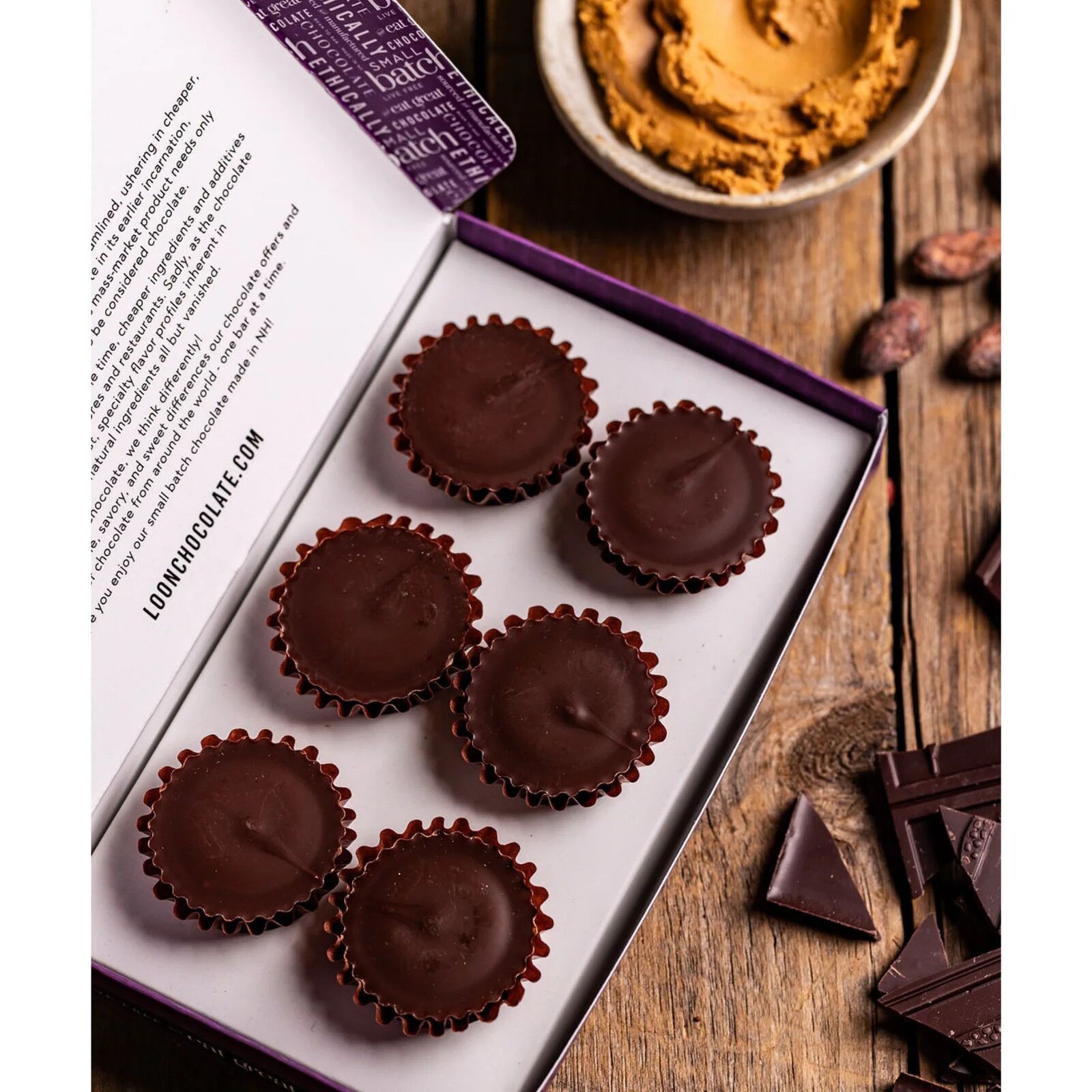 Loon Chocolate 70% Dark Chocolate Peanut Butter Cups Open Lifestyle