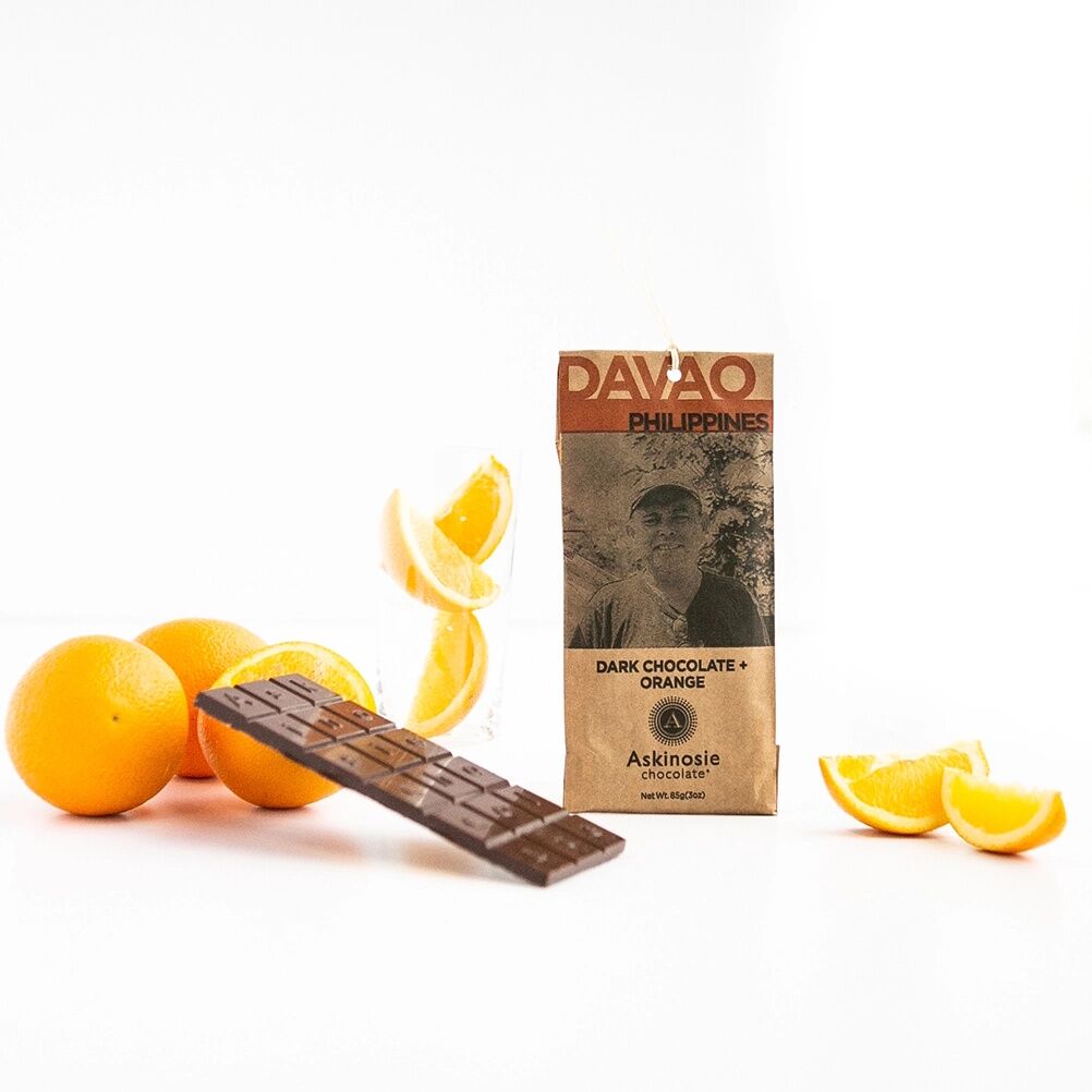 Askinosie Davao Philippines 58% Dark Chocolate Bar with Orange Lifestyle