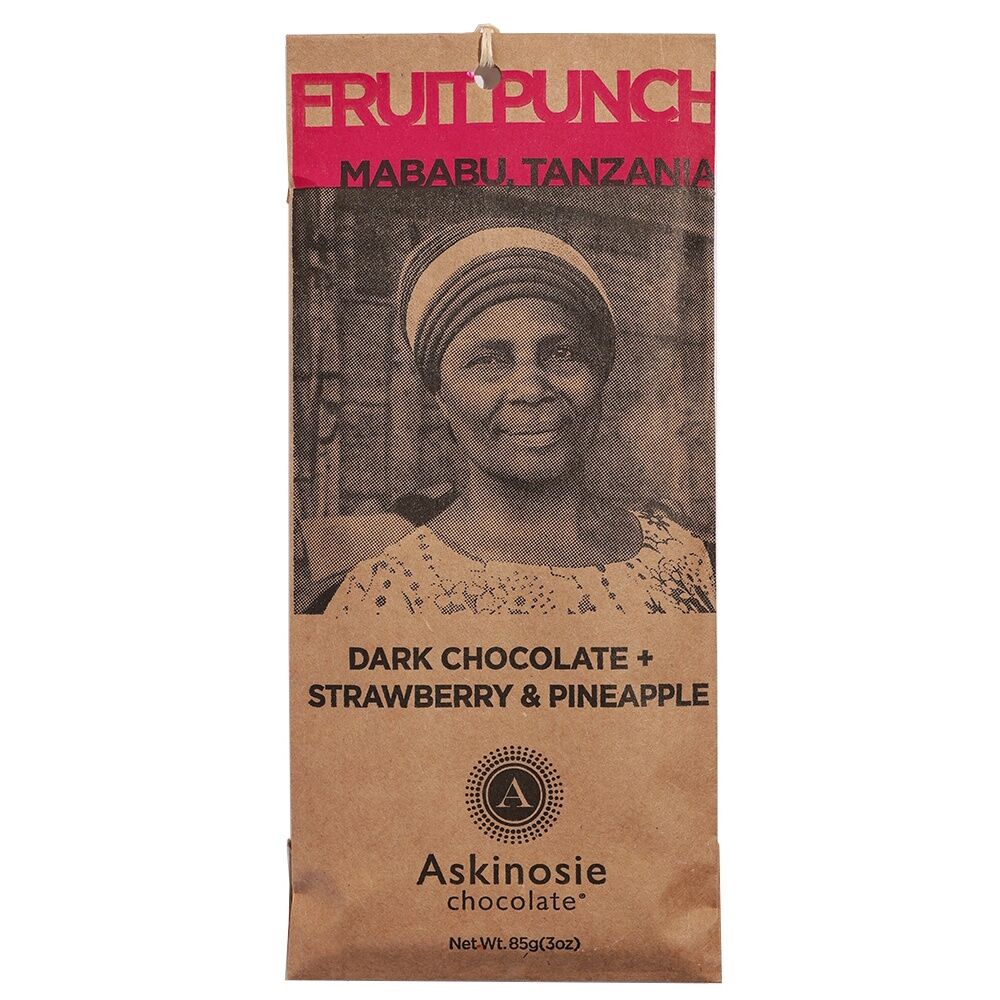 Askinosie Tanzania Fruit Punch 52% Dark Chocolate Bar with Strawberry & Pineapple