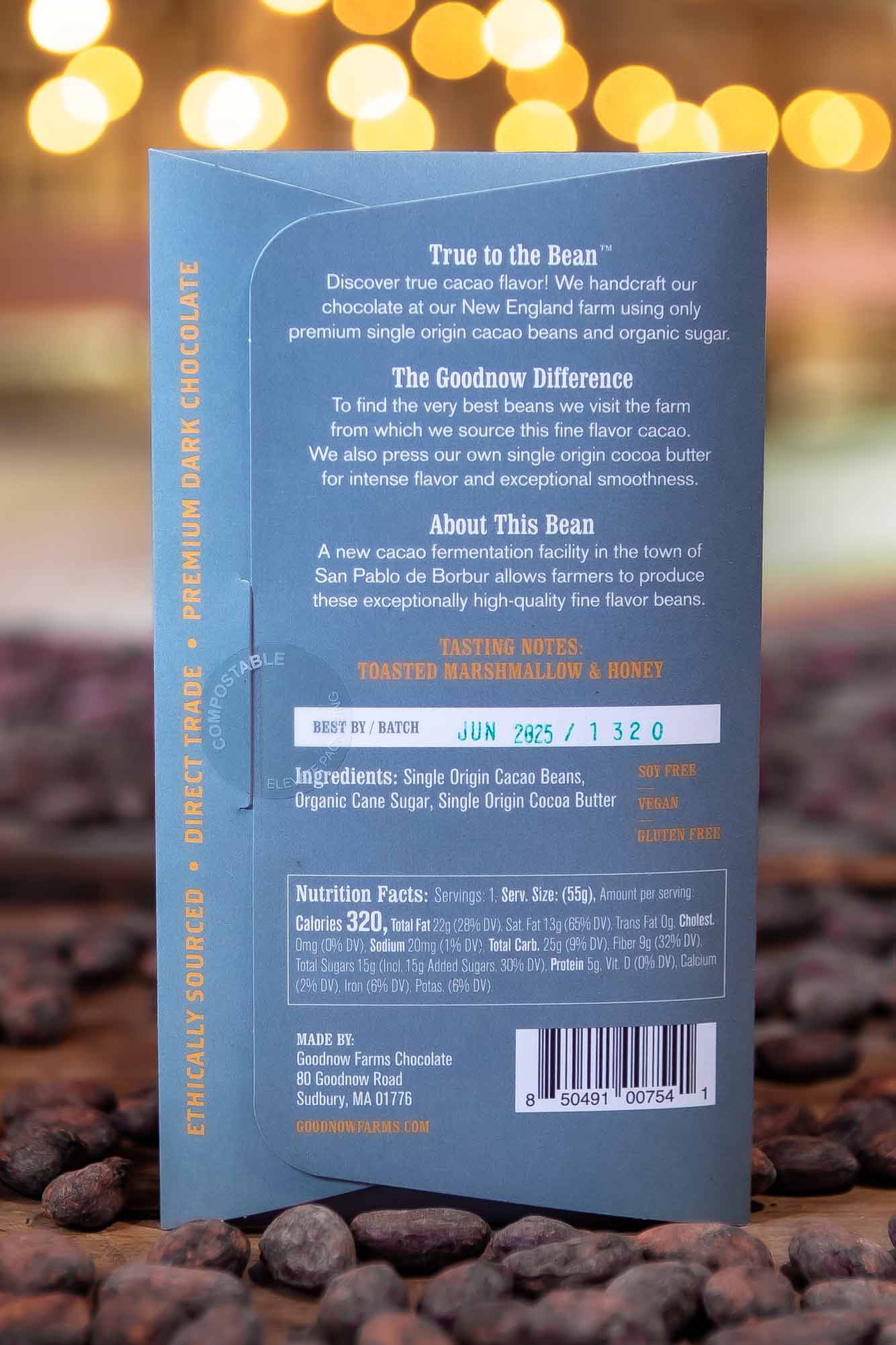 Goodnow Farms Boyacá Colombia 73% Dark Chocolate Bar Back