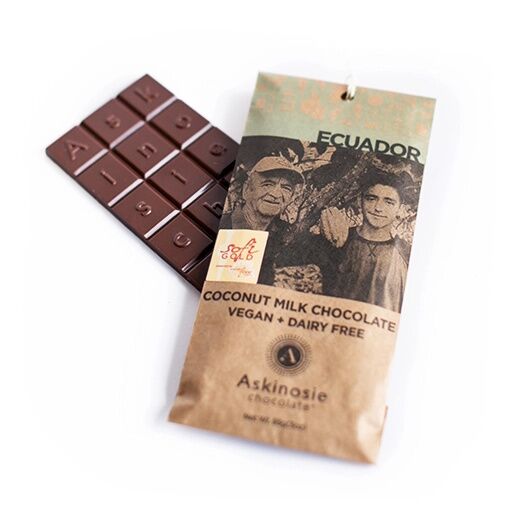 Askinosie San Jose Del Tambo Ecuador 52% Coconut Milk Chocolate Bar Open Lifestyle