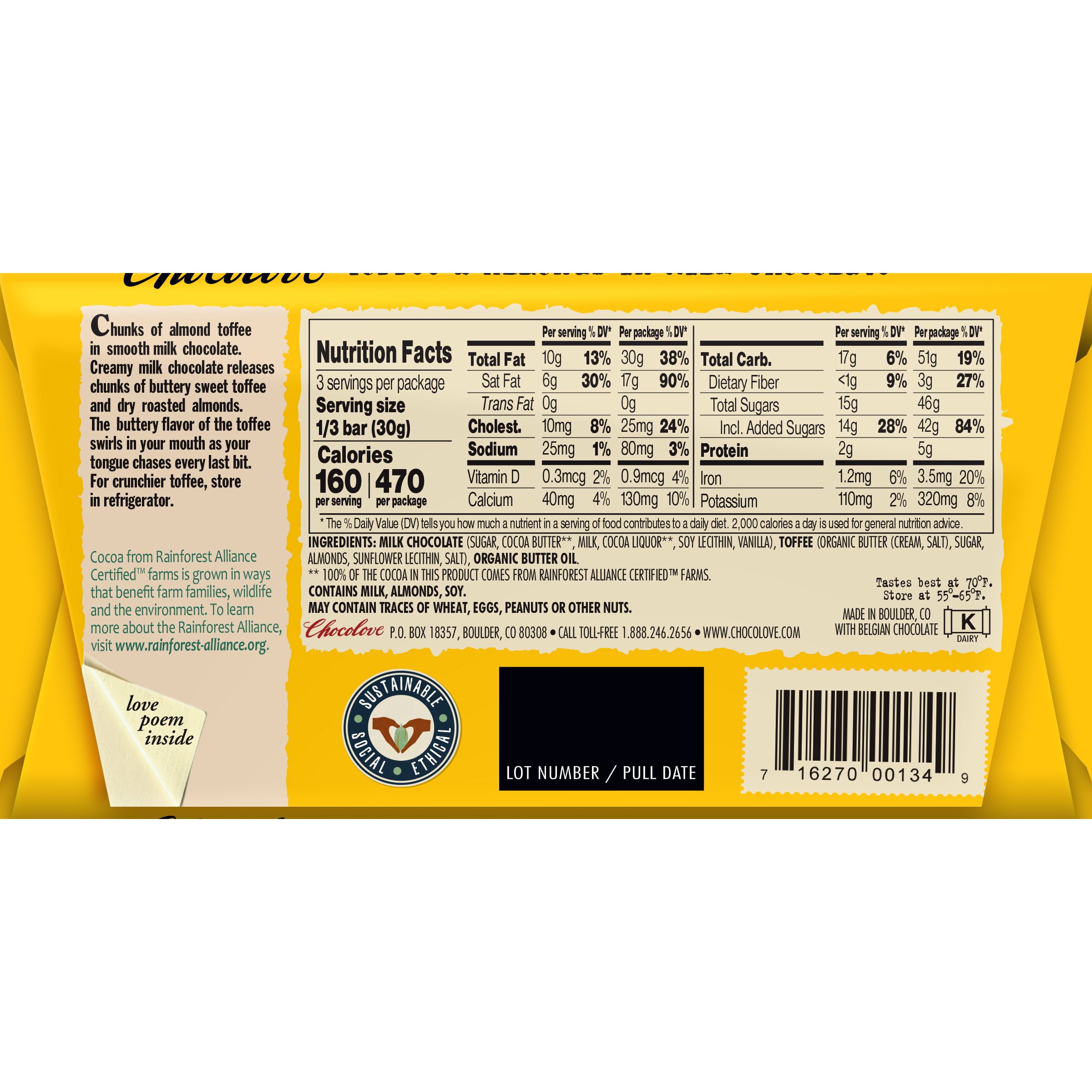 Chocolove 33% Toffee & Almonds Milk Chocolate Bar Back