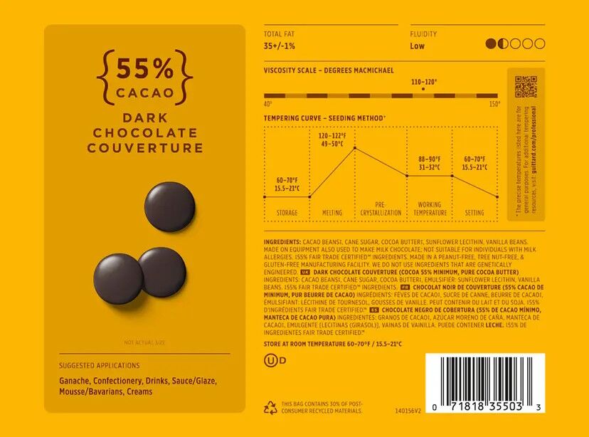 Guittard La Nuit Noire 55% Dark Couverture Chocolate Wafers Label