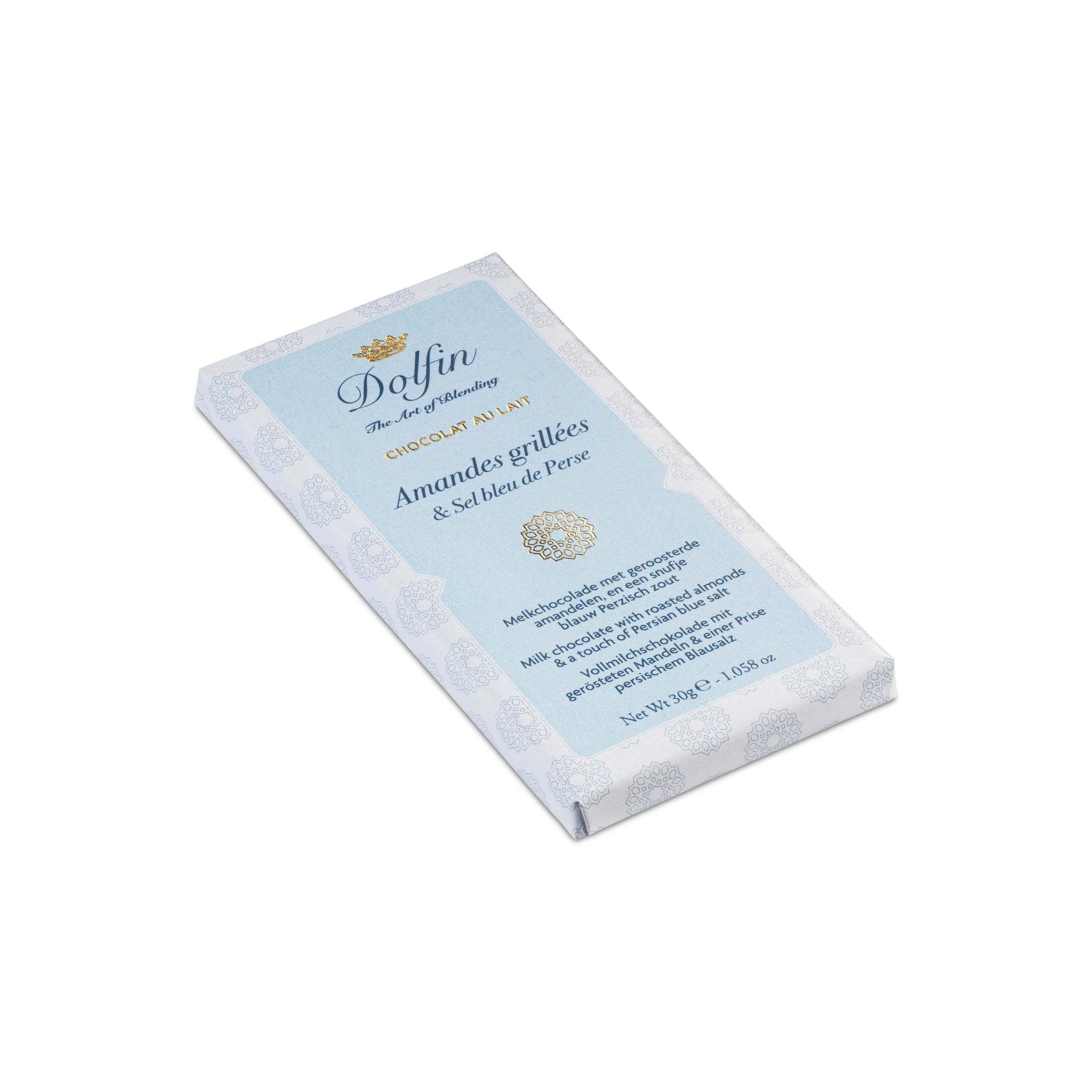 Dolfin 38% Milk Chocolate with Roasted Almonds and Persian Blue Salt 2-min