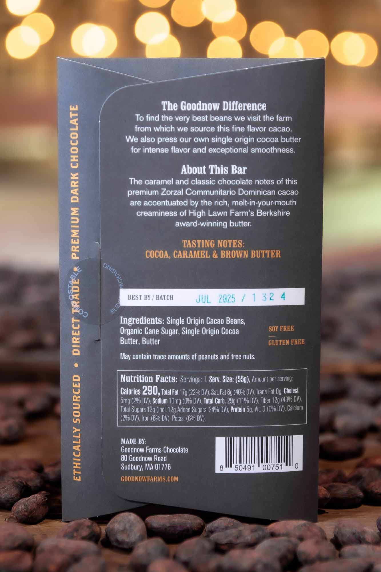 Goodnow Farms Special Reserve Dominican Republic 70% Dark Chocolate Bar with Brown Butter Back