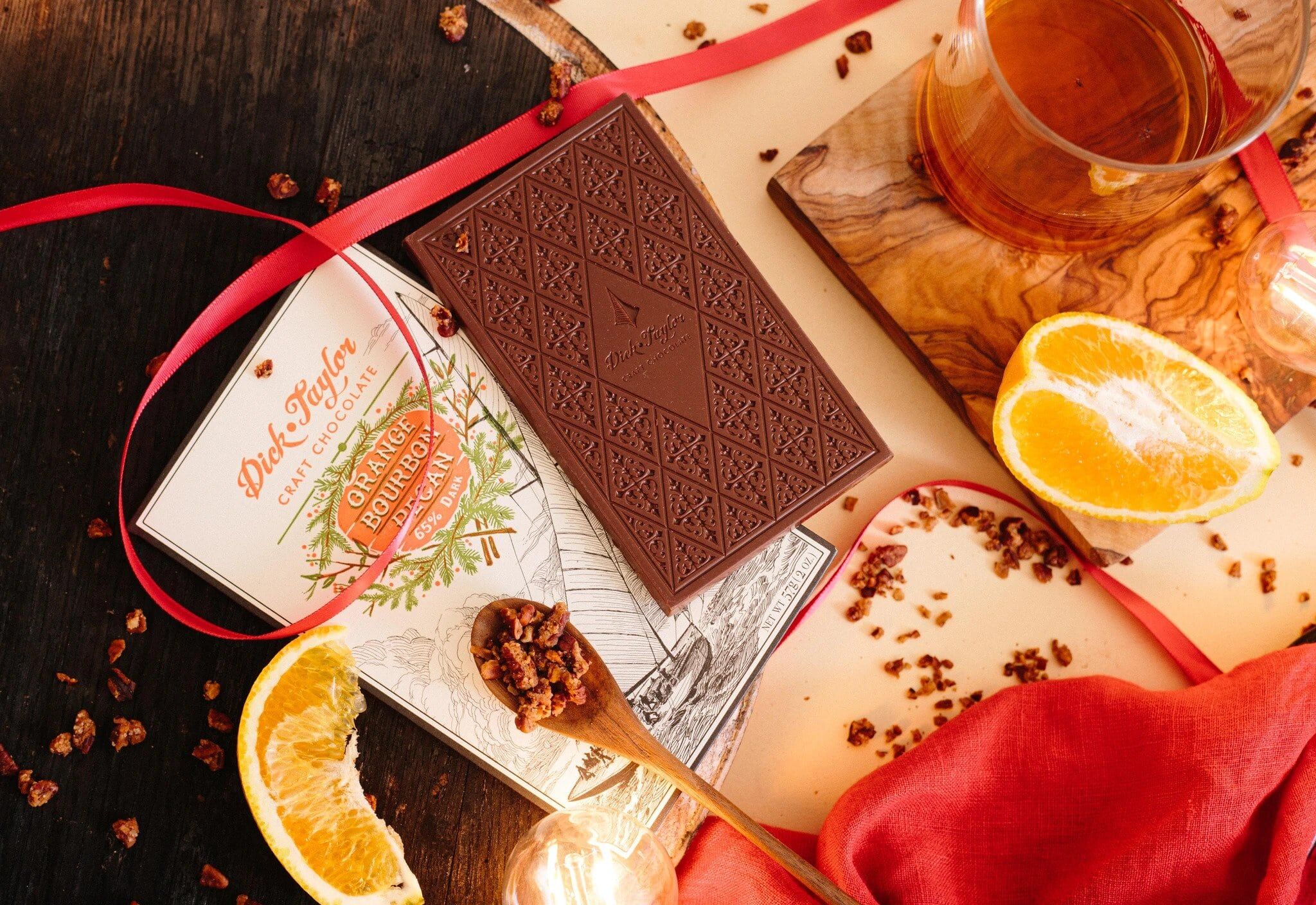 Dick Taylor Orange Bourbon Pecan 65% Dark Chocolate Bar Aesthetic 2-min