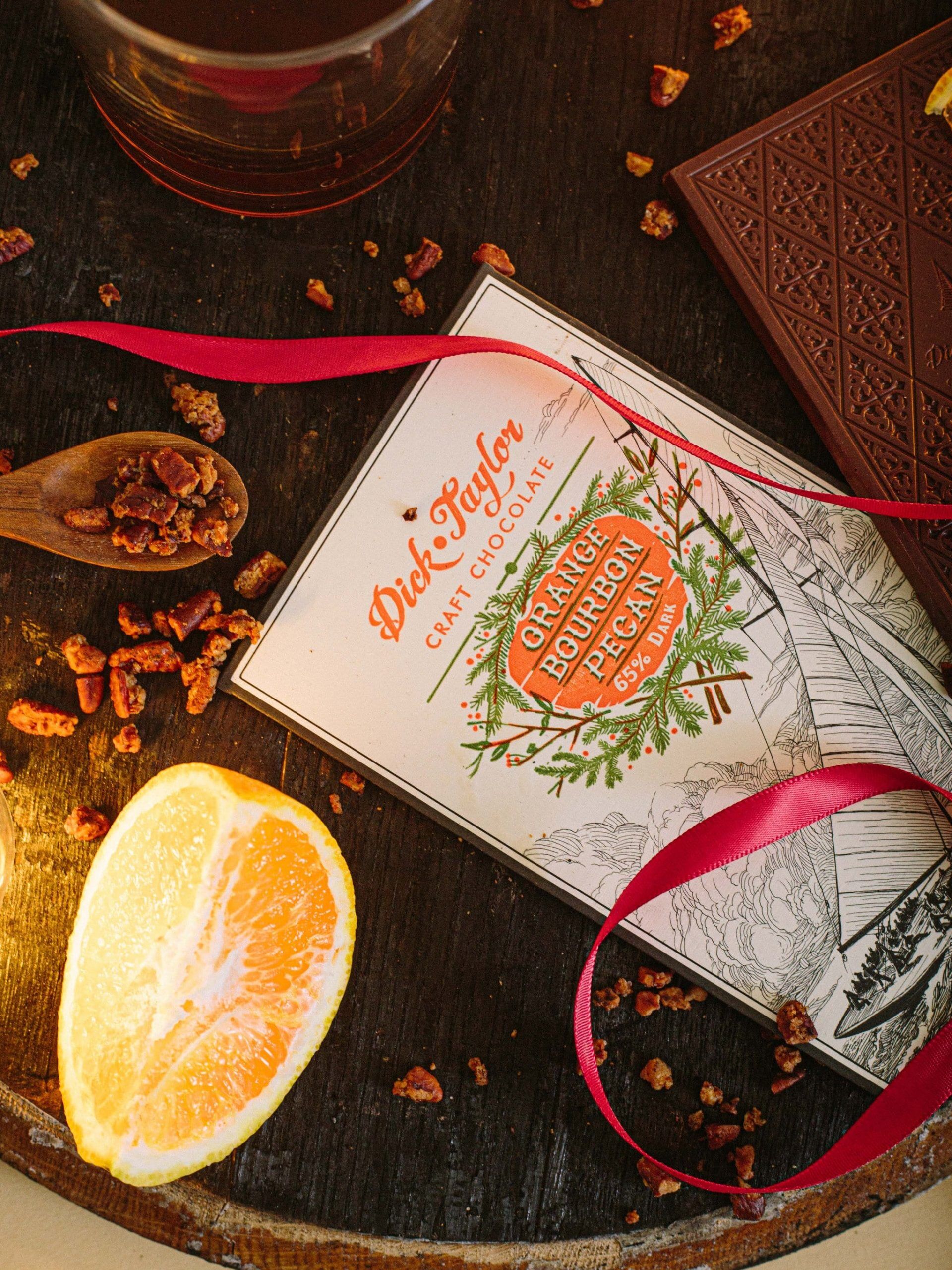 Dick Taylor Orange Bourbon Pecan 65% Dark Chocolate Bar Aesthetic-min