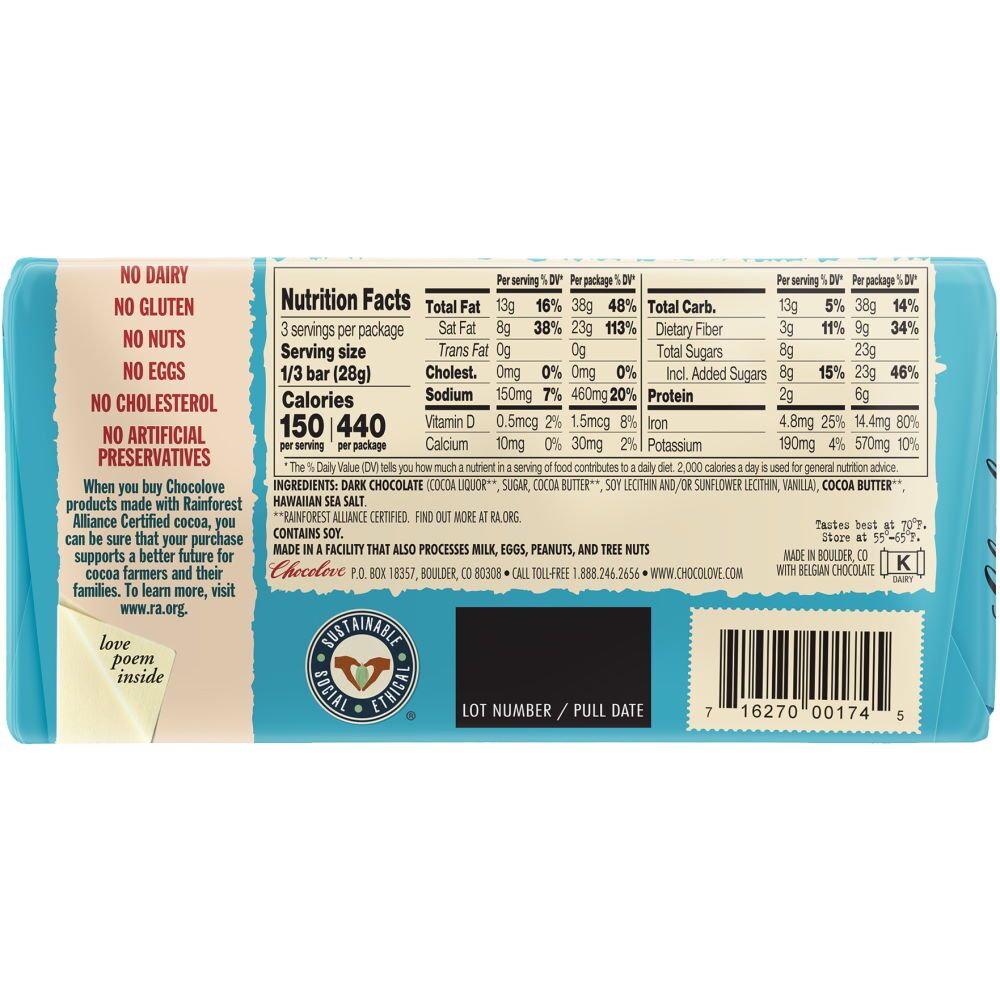 Chocolove 72% Dark Chocolate Bar with Hawaiian Sea Salt Back