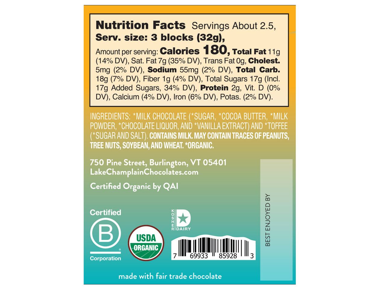 Lake Champlain Chocolates Organic 38% Milk Chocolate Bar with Sea Salt Toffee Label