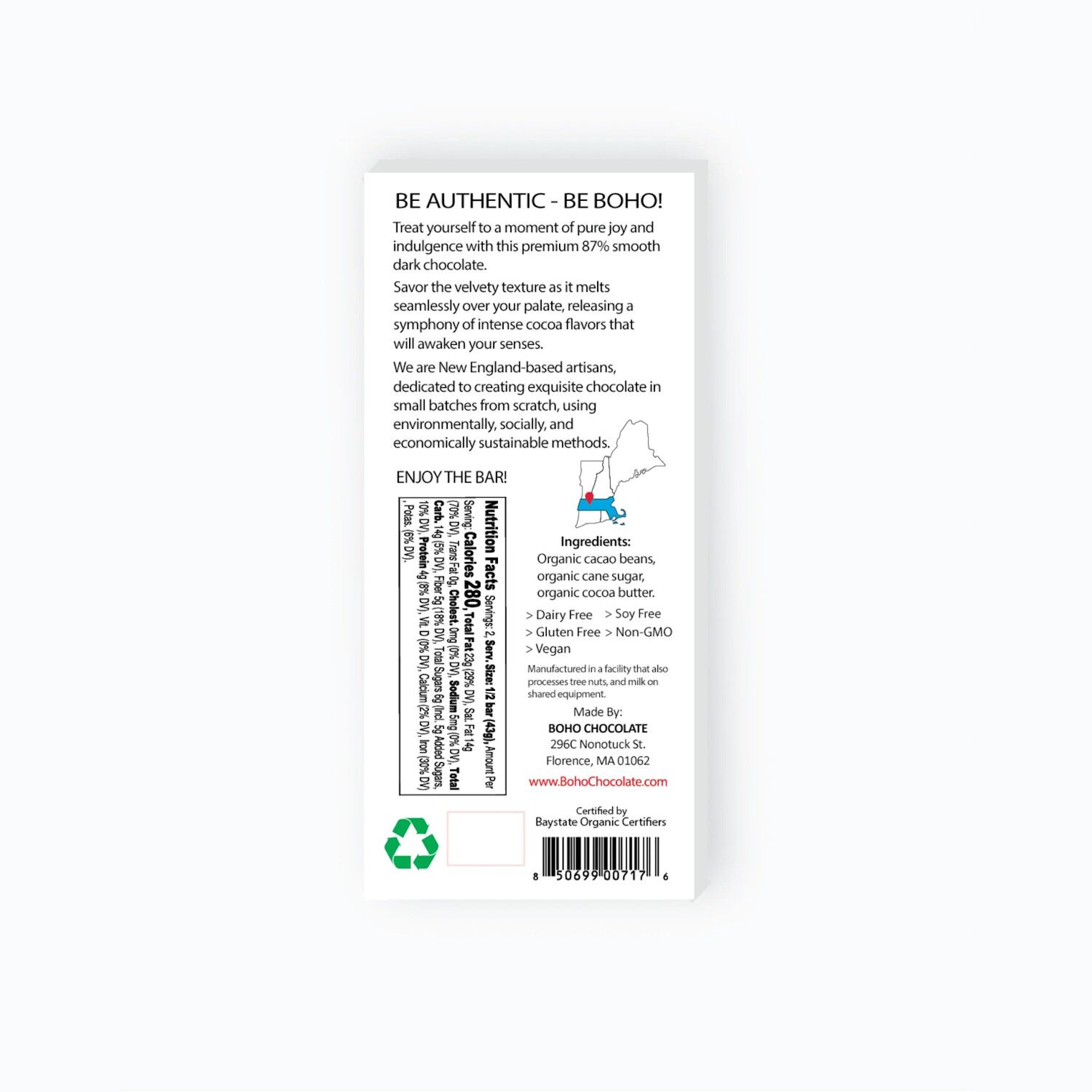 BOHO Chocolate 87% Dark Chocolate Bar Back