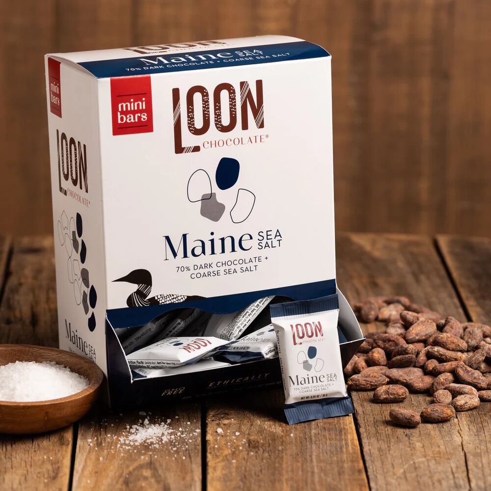 Loon Chocolate MINI 70% Dark Chocolate Bar with Maine Sea Salt Display