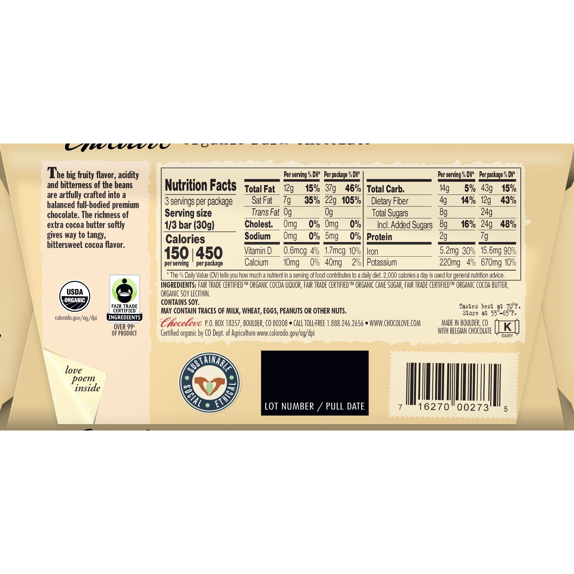 Chocolove 73% Organic Dark Chocolate Bar Back